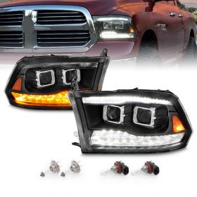 AmeriLite Black Dual Quad Projector Headlights Assembly Switchback LED Tube Parking Turn Signal for 2009-2018 Both Model Dodge Ram 1500 2500 3500 Pickup Truck - Passenger and Driver Side Set