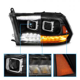 AmeriLite Black Dual Quad Projector Headlights Assembly Switchback LED Tube Parking Turn Signal for 2009-2018 Both Model Dodge Ram 1500 2500 3500 Pickup Truck - Passenger and Driver Side Set