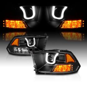 AmeriLite for 2009-2019 Dodge Ram 1500 2500 3500 Pickup U-Type LED Tube Black Replacement Projector Headlights Pair - Driver and Passenger Side