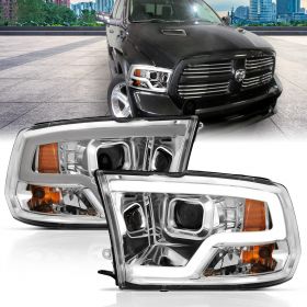 AmeriLite LED Tube Chrome Square Projector Headlights Assembly for 2009-2019 Dodge Ram 1500 2500 3500 - Passenger and Driver Side