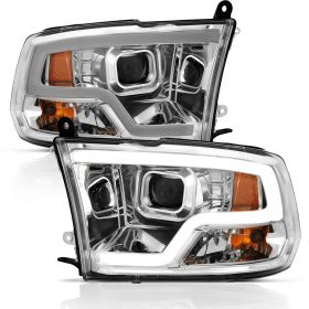 AmeriLite LED Tube Chrome Square Projector Headlights Assembly for 2009-2019 Dodge Ram 1500 2500 3500 - Passenger and Driver Side