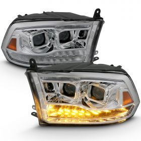 AmeriLite for 2009-2018 Dodge Ram 1500 2500 3500 Black Dual Quad Projector Switchback LED Tube Headlights Assembly for both Model - Passenger and Driver Side