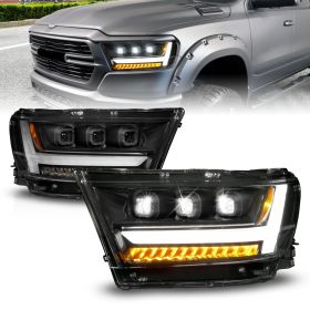 AmeriLite for 2019-2023 Ram 1500 Sequential LED DRL Light Tube Triple Square Projector Black Headlight Set - Passenger and Driver Side