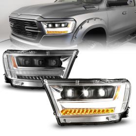 AmeriLite for 2019-2023 Ram 1500 Sequential LED DRL Light Tube Triple Square Projector Chrome Headlight Set - Passenger and Driver Side