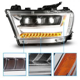 AmeriLite for 2019-2023 Ram 1500 Sequential LED DRL Light Tube Triple Square Projector Chrome Headlight Set - Passenger and Driver Side