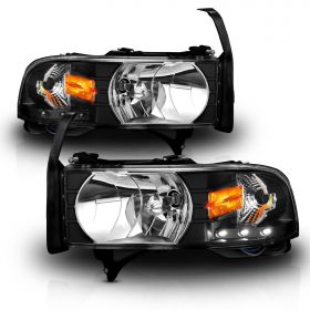 AmeriLite Black 1pc Replacement Headlights w/Corner LED Parking Lamp Assembly Set for 1994-2001 Dodge Ram 1500 2500 3500 Truck - Passenger and Driver Side