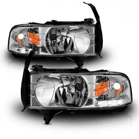 AmeriLite Chrome 1pc Replacement Headlights w/Corner LED Parking Lamp Assembly Set for 1994-2001 Dodge Ram 1500 2500 3500 Pickup - Passenger and Driver Side
