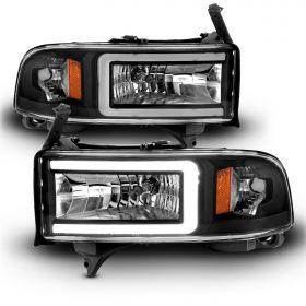 AmeriLite Replacement for 1994-2001 Dodge Ram 1500 | 94-02 Ram 2500 3500 HD C-Type LED Tube Black Replacement Headlights Set - Passenger and Driver Side