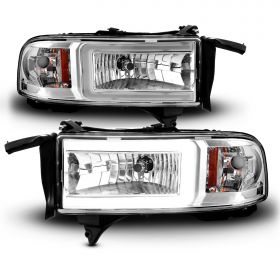 AmeriLite Replacement for 1994-2001 Dodge Ram 1500 | 94-02 Ram 2500 3500 HD C-Type LED Tube Chrome Replacement Headlights Set - Passenger and Driver Side