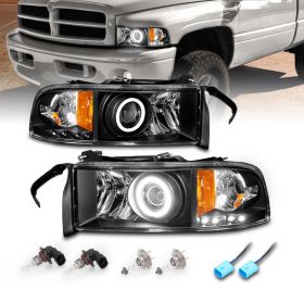 AmeriLite Replacement for 1994-2001 Dodge Ram 1500 | 94-02 Ram 2500 3500 Truck Xtreme LED Halos Projector Black Headlights Set - Passenger and Driver Side
