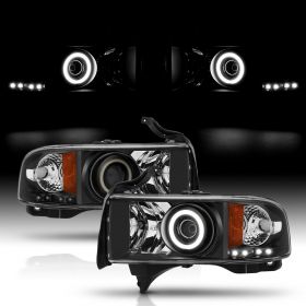 AmeriLite Replacement for 1994-2001 Dodge Ram 1500 | 94-02 Ram 2500 3500 Truck Xtreme LED Halos Projector Black Headlights Set - Passenger and Driver Side