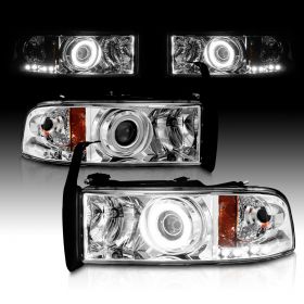 AmeriLite for 1994-2001 Dodge Ram 1500 | 94-02 Ram 2500 3500 Dual Xreme LED Halo Rings Projector Chrome Replacement Headlights Set - Passenger and Driver Side