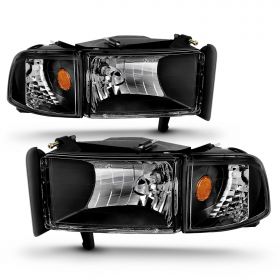 AmeriLite for Dodge 1994-2001 Ram 1500 | 94-2002 Ram 2500 3500 Black OE Halogen Replacement Headlights Assembly w/Corner Lights Set - Passenger and Driver Side