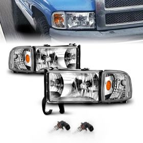 AmeriLite 1994-2001 Chrome Replacement Headlights Assembly w/Corner Light Set For Dodge Ram Truck 1500 2500 3500 - Passenger and Driver Side