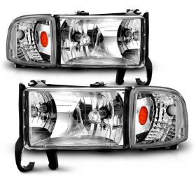 AmeriLite 1994-2001 Chrome Replacement Headlights Assembly w/Corner Light Set For Dodge Ram Truck 1500 2500 3500 - Passenger and Driver Side
