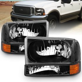 AmeriLite for 99-04 2000 2001 2002 2003 Ford Super Duty F-250 F-350 F-450 F-550 Excursion Black Replacement Headlights w/Corner Bumper Corner Set - Passenger and Driver Side