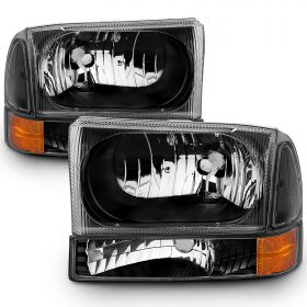 AmeriLite for 99-04 2000 2001 2002 2003 Ford Super Duty F-250 F-350 F-450 F-550 Excursion Black Replacement Headlights w/Corner Bumper Corner Set - Passenger and Driver Side