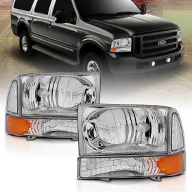 AmeriLite for 1999-04 Ford Super Duty F-250 F-350 F-450 F-550 / 2000-04 Excursion Chrome Replacement Headlights w/Corner Bumper Corner Set - Passenger and Driver Side