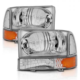AmeriLite for 1999-04 Ford Super Duty F-250 F-350 F-450 F-550 / 2000-04 Excursion Chrome Replacement Headlights w/Corner Bumper Corner Set - Passenger and Driver Side