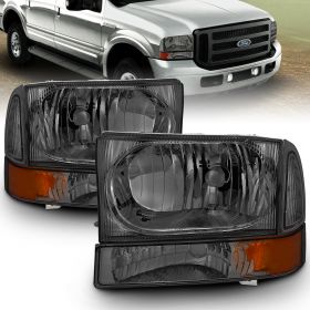 AmeriLite Headlights Replacement W/Corner Light Smoke Amber For Ford Excursion / Super Duty F250, F350, F450 - Passenger and Driver Side