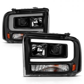 AmeriLite for 2005-2007 Ford F250 F350 F450 Superduty | 05 Excursion C-Type LED Tube Square Projector Black Headlight Pair - Passenger and Driver Side