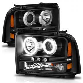 AmeriLite for 2005-2007 Ford F250 F350 F450 Superduty Xtreme LED Halo Rim Black Projector Headlight Pair - Passenger and Driver Side