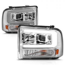 AmeriLite for 2005-2007 Ford F250 F350 F450 Superduty | 05 Excursion C-Type LED Tube Square Projector Chrome Headlight Pair - Passenger and Driver Side