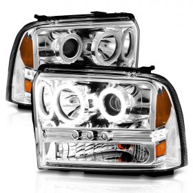 AmeriLite for 2005-2007 Ford F250 F350 F450 Superduty Xtreme LED Halo Rim Chrome Projector Headlight Pair - Passenger and Driver Side