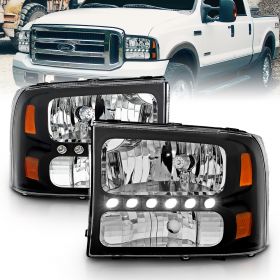 AmeriLite Black Replacement Headlights 1pc LED Running Light for Ford Excursion/Super Duty (Pair) Not compatible with Seal Beam lamp version