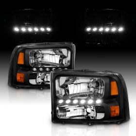 AmeriLite Black Replacement Headlights 1pc LED Running Light for Ford Excursion/Super Duty (Pair) Not compatible with Seal Beam lamp version