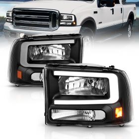 AmeriLite for 1999-2004 Ford F250 F350 F450 Superduty | 00-04 Excursion C-Type LED Tube Black Replacement Headlight Pair - Passenger and Driver Side