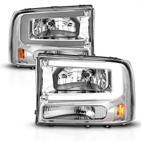 AmeriLite for 1999-2004 Ford F250 F350 F450 Superduty | 00-04 Excursion C-Type LED Tube Chrome Replacement Headlight Pair - Passenger and Driver Side