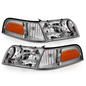 AmeriLite for 1998-2011 Ford Crown Victoria Black Replacement Headlights + Corner Turn Signal Lamps Pair - Driver and Passenger Side
