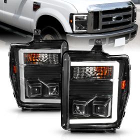 AmeriLite for 2008-2010 Ford F250 F350 Super Duty C-Type LED Tube Dual Square Projector Black Replacement Headlights Set - Passenger and Driver Side