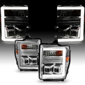 AmeriLite for 2008-2010 Ford F250 F350 Super Duty C-Type LED Tube Dual Square Projector Chrome Replacement Headlights Set - Passenger and Driver Side
