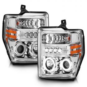 AmeriLite for 2008-2010 Ford F250 F350 Super Duty Dual Xtreme LED Halos Chrome Projector Replacement Headlights Set - Passenger and Driver Side