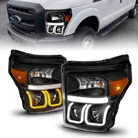 AmeriLite for 2011-2016 Ford F250/350/450 Super Duty Switchback U-Type LED Projector Black Replacement Projector Headlights Assembly Set - Passenger and Driver Side