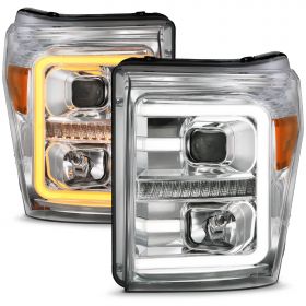 AmeriLite Replacement Headlights for 2011-2016 Ford F250/350/450 Super Duty Switchback LED Tube Projector Chrome Assembly Set - Passenger and Driver Side