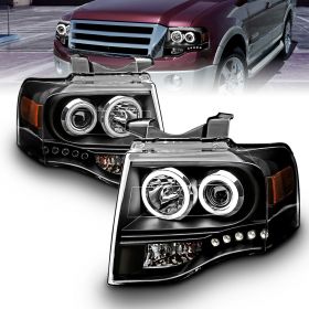 AmeriLite Black Projector Headlights Xtreme LED Halo for Ford Expedition - Passenger and Driver Side