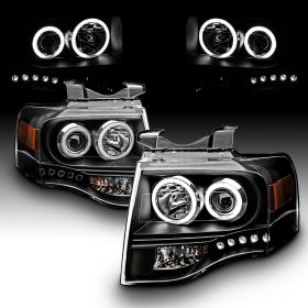 AmeriLite Black Projector Headlights Xtreme LED Halo for Ford Expedition - Passenger and Driver Side