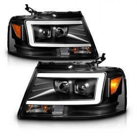 AmeriLite For 2004-2008 Ford F-150 Truck C-Type LED Tube Square Black Projector Headlights Assembly Pair - Driver and Passenger