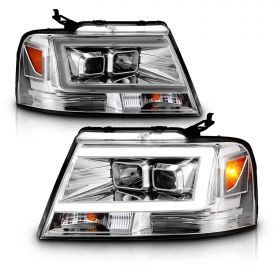AmeriLite for 2004-2008 Ford F150 C-Type LED Tube Square Projector Clear Chrome Headlights Assembly Pair - Driver and Passenger Side