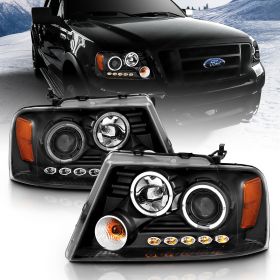AmeriLite for 2004-2008 Ford F-150 LED Halos Ring Black Projector Replacement Headlights Pair - Passenger and Driver Side