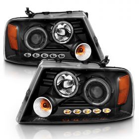 AmeriLite for 2004-2008 Ford F-150 LED Halos Ring Black Projector Replacement Headlights Pair - Passenger and Driver Side