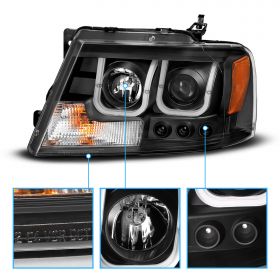 AmeriLite for Ford F150 F-150 | Lincoln Mark LT U-Type LED Tube Clear Black Bezel Replacement Projector Headlights Set - Passenger and Driver Side