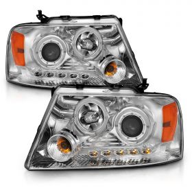 AmeriLite for 2004-2008 Ford F150 Truck Dual LED Halos Chrome Replacement Projector Headlight Set - Driver and Passenger Side