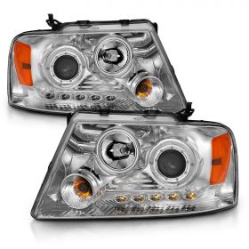 AmeriLite Chrome Projector Headlights LED Halo For Ford F-150 - Passenger and Driver Side