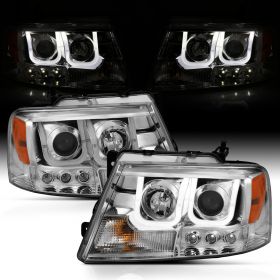 AmeriLite for Ford F150 F-150 | Lincoln Mark LT U-Type LED Tube Crystal Chrome Bezel Replacement Projector Headlights Set - Passenger and Driver Side