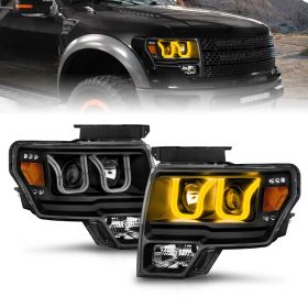 AmeriLite for Ford 2009-2014 F-150 U-Type Switchback LED Tube Black Projector Headlights Set Turn Signal Lamp - Passenger and Driver Side