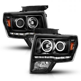 AmeriLite for 2009-2014 Ford F150 Pickup Xtreme LED Halos Black Projector Replacement Headlights Set - Passenger and Driver Side